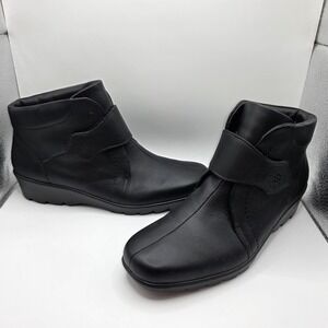 Hotter Black Leather Ankle Boots Made in England Wedge Hook Loop Strap Women 8.5